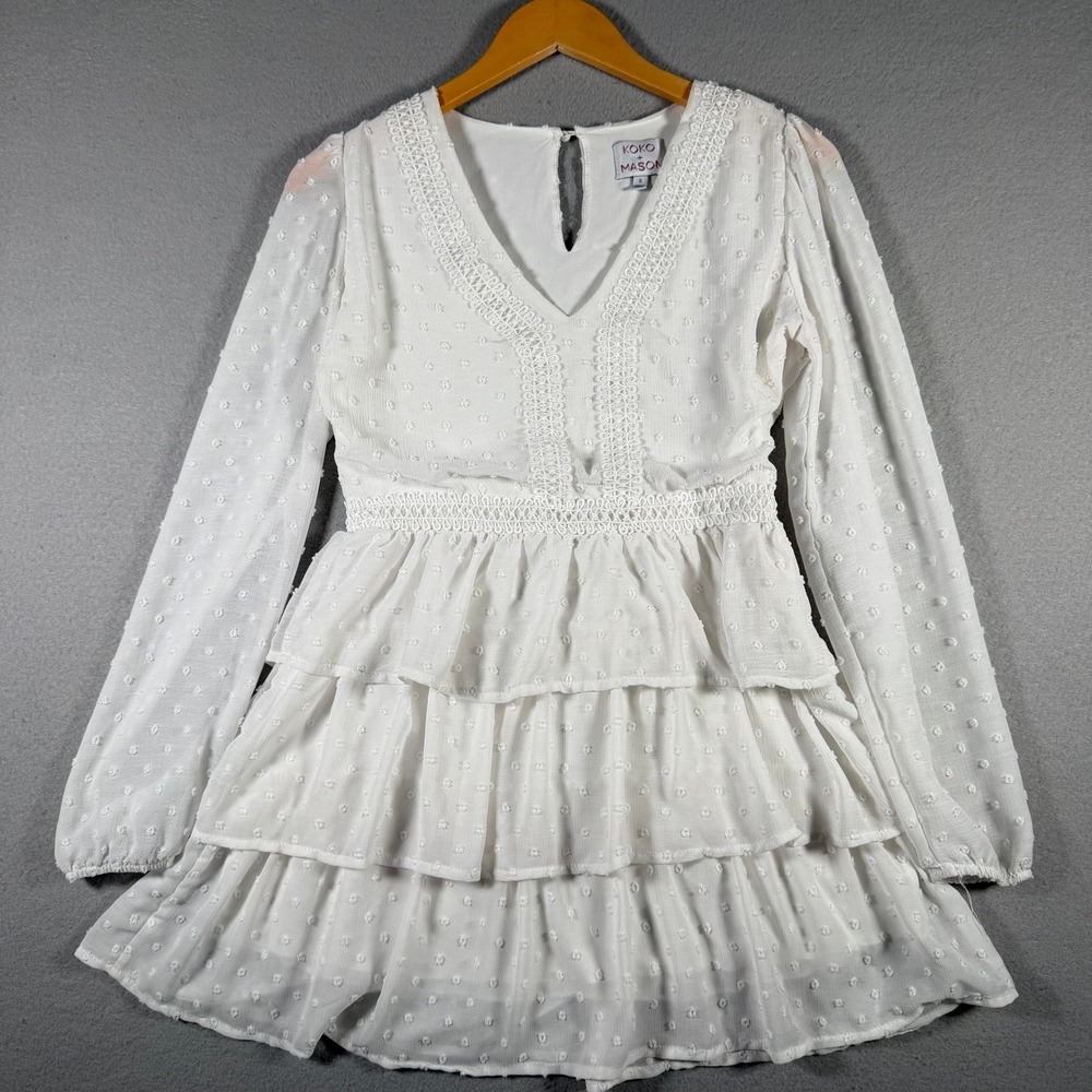 Koko + Mason White Swiss Dot Crochet Lace Tiered Mini Dress D2086 Small